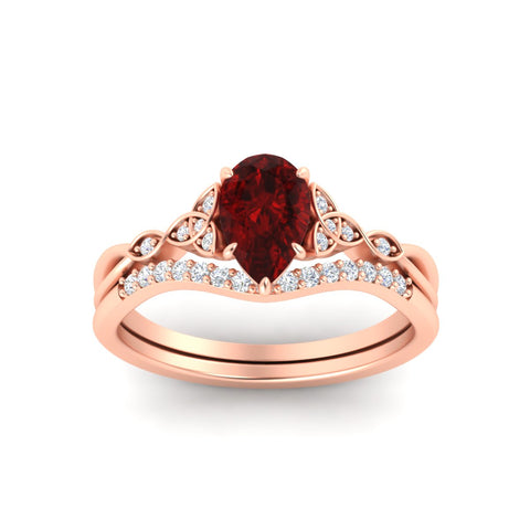 Celtic Knot Split Pear Ruby Wedding Ring Set