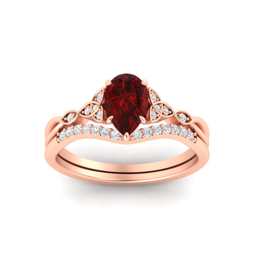 Celtic Knot Split Pear Ruby Wedding Ring Set