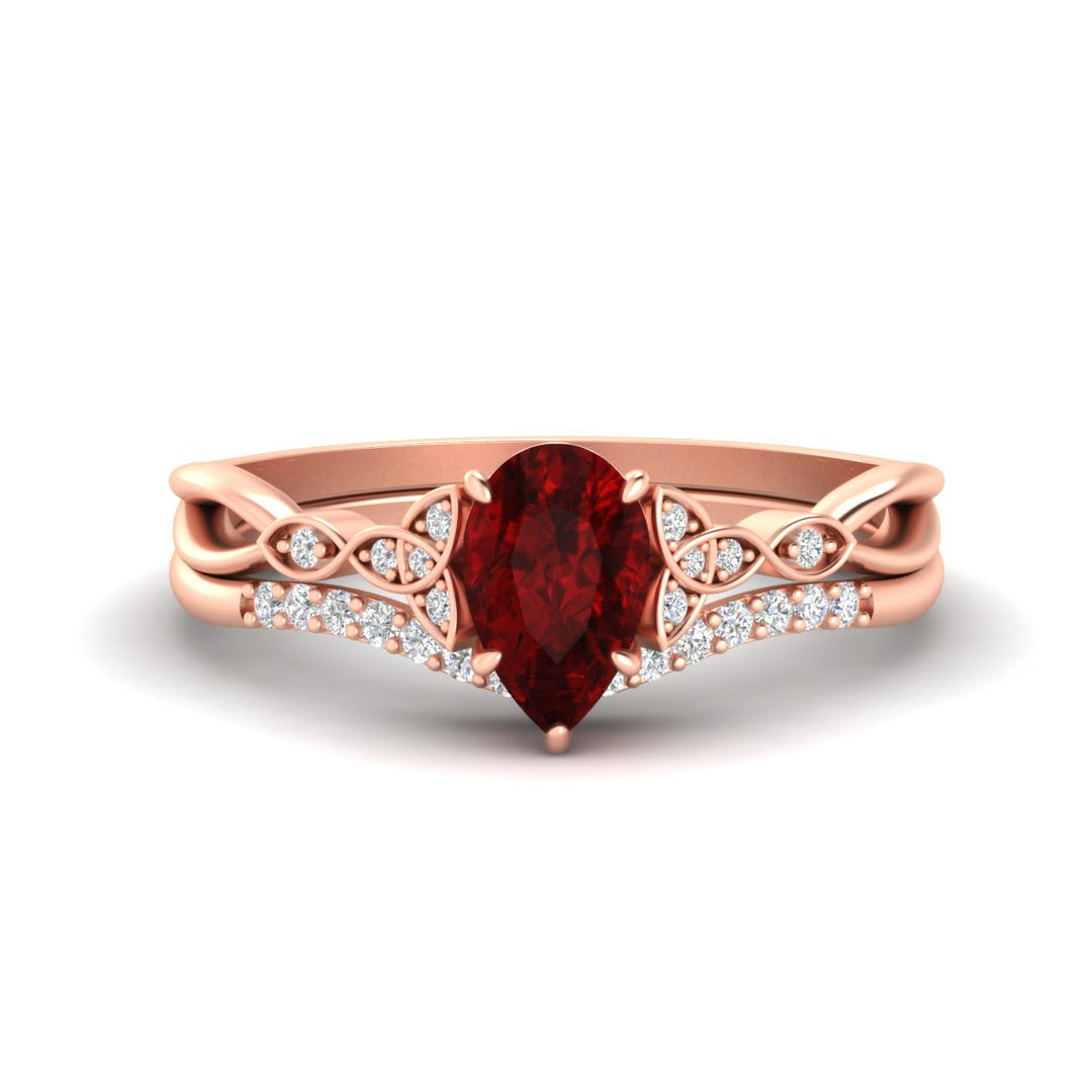 Celtic Knot Split Pear Ruby Wedding Ring Set
