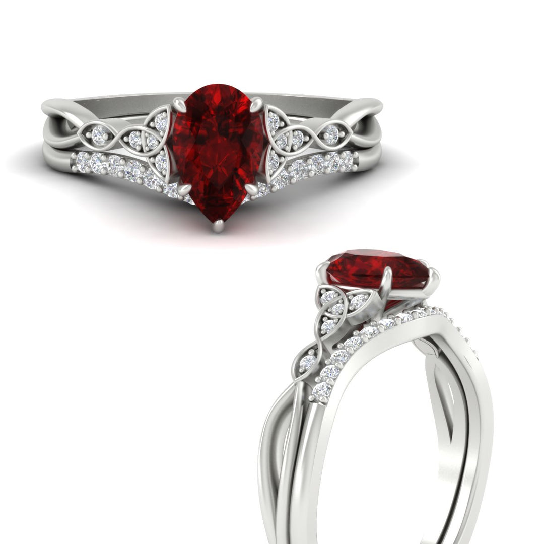 Celtic Knot Split Pear Ruby Wedding Ring Set