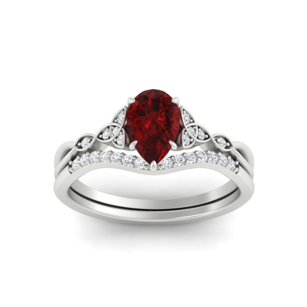 Celtic Knot Split Pear Ruby Wedding Ring Set
