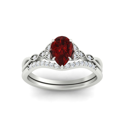Celtic Knot Split Pear Ruby Wedding Ring Set