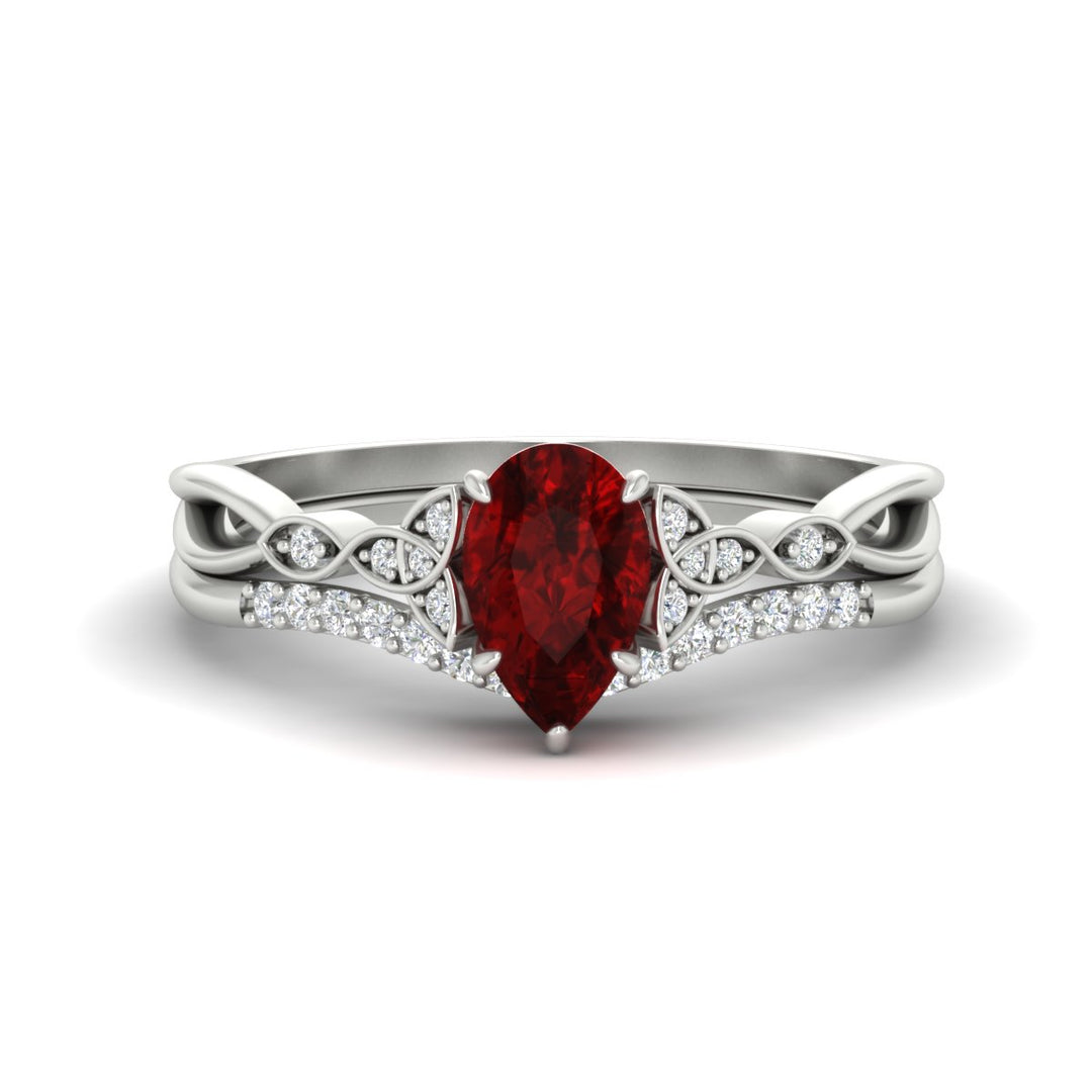Celtic Knot Split Pear Ruby Wedding Ring Set