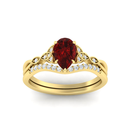 Celtic Knot Split Pear Ruby Wedding Ring Set