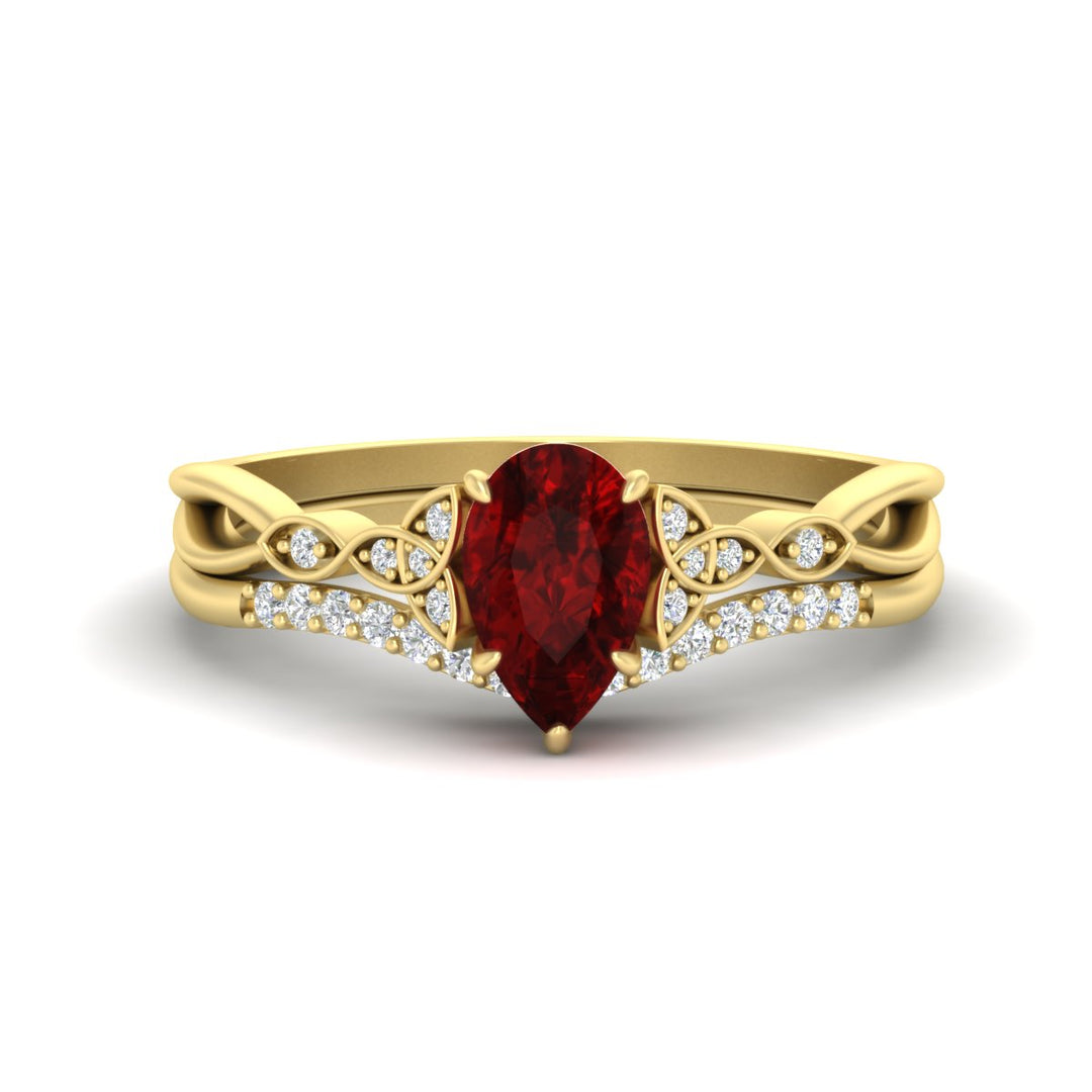 Celtic Knot Split Pear Ruby Wedding Ring Set