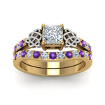 Load image into Gallery viewer, celtic-princess-cut-diamond-wedding-ring-set-with-violet-topaz-in-yellow-gold-FDENS2255B1PRGVITOANGLE5-NL-YG_2898ccef-b44f-4278-8edd-3fda73b002d7?v=1757057000
