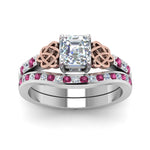 Load image into Gallery viewer, channel-band-asscher-cut-diamond-celtic-bridal-set-with-pink-sapphire-in-white-gold-FDENS2255B2ASGSADRPIANGLE5-NL-WG

