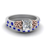Load image into Gallery viewer, channel-band-asscher-cut-diamond-celtic-bridal-set-with-sapphire-in-white-gold-FDENS2255B2ASGSABL-NL-WG
