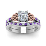 Load image into Gallery viewer, channel-band-asscher-cut-diamond-celtic-bridal-set-with-violet-topaz-in-white-gold-FDENS2255B2ASGVITOANGLE5-NL-WG
