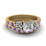 Load image into Gallery viewer, channel-band-asscher-cut-diamond-celtic-bridal-set-with-violet-topaz-in-yellow-gold-FDENS2255B2ASGVITO-NL-YG
