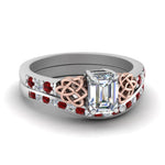 Load image into Gallery viewer, channel-band-emerald-cut-diamond-celtic-bridal-set-with-ruby-in-white-gold-FDENS2255B2EMGRUDR-NL-WG
