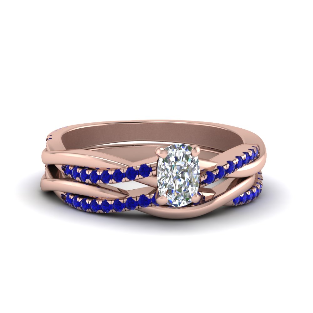 cushion-cut-Infinity-twist-diamond-matching-bridal-set-with-blue-sapphire-in-14K-rose-gold-FD8253CUGSABL-NL-RG