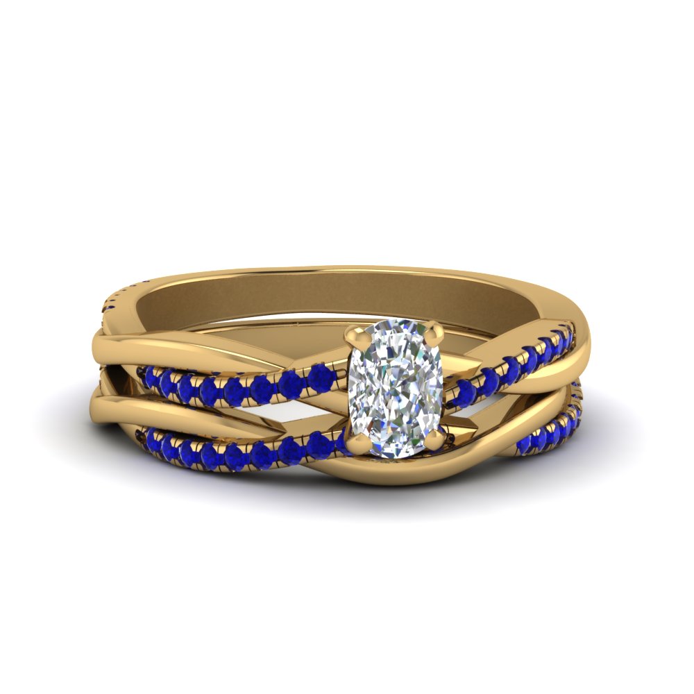 cushion-cut-Infinity-twist-diamond-matching-bridal-set-with-blue-sapphire-in-14K-yellow-gold-FD8253CUGSABL-NL-YG