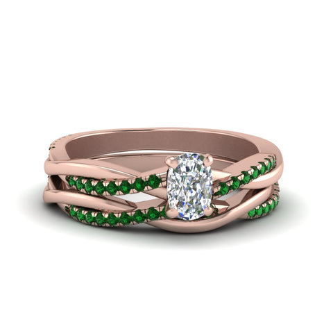 cushion-cut-Infinity-twist-diamond-matching-bridal-set-with-emerald-in-14K-rose-gold-FD8253CUGEMGR-NL-RG