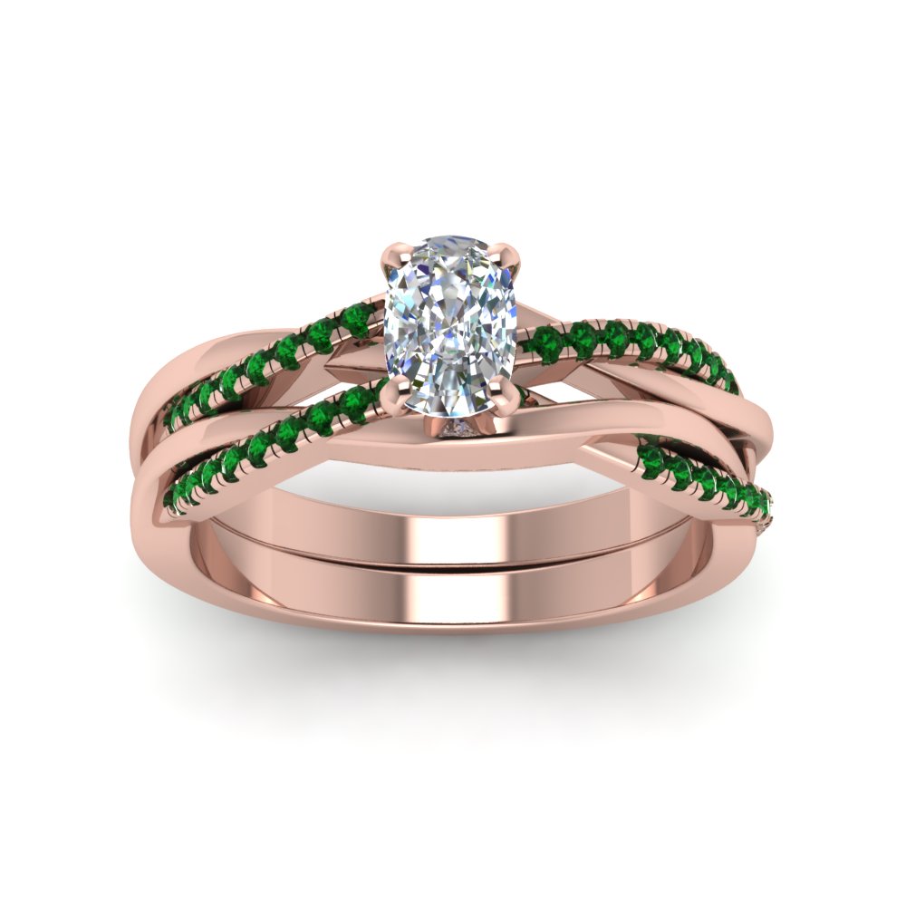 cushion-cut-Infinity-twist-diamond-matching-bridal-set-with-emerald-in-14K-rose-gold-FD8253CUGEMGR-NL-RG