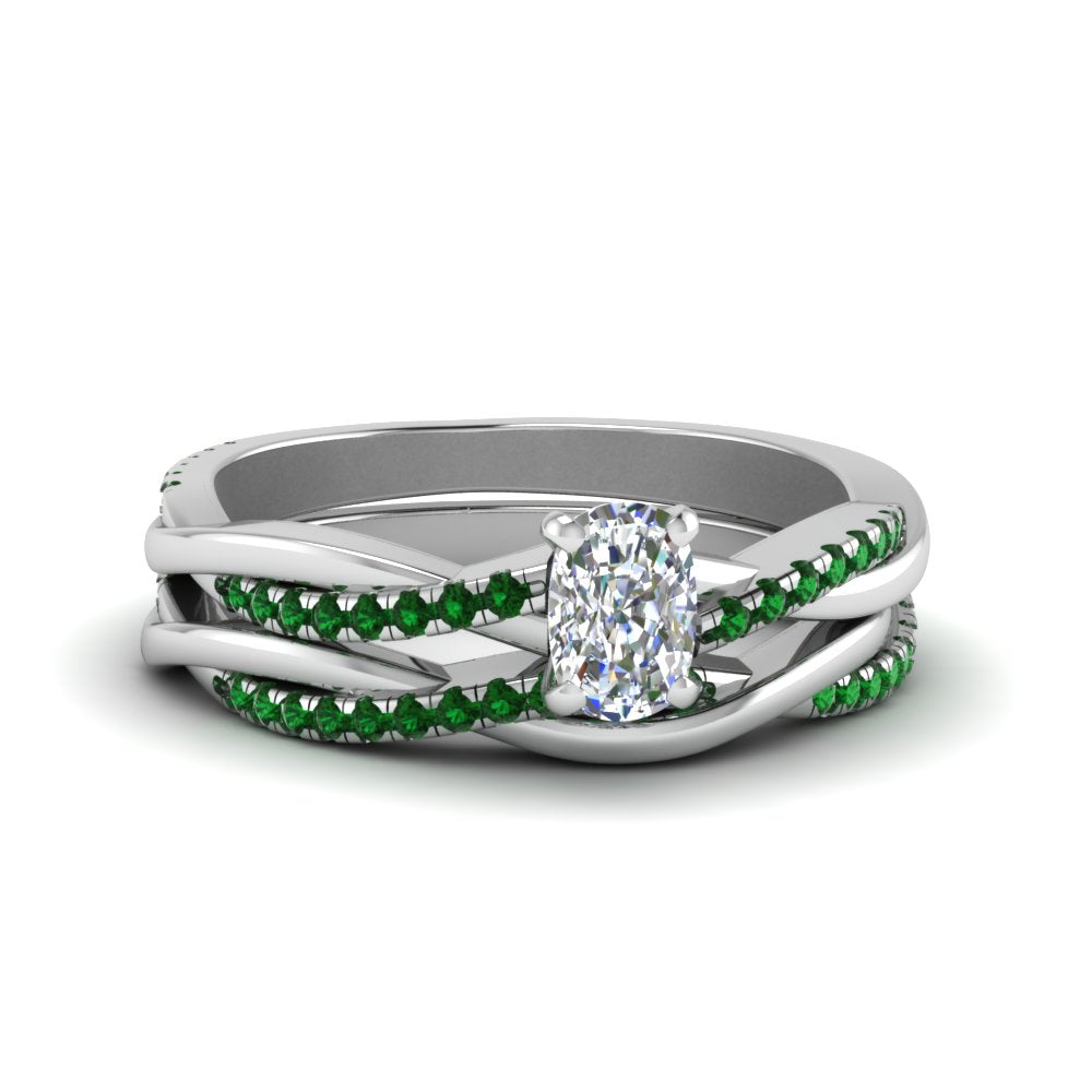 cushion-cut-Infinity-twist-diamond-matching-bridal-set-with-emerald-in-14K-white-gold-FD8253CUGEMGR-NL-WG