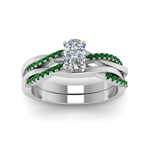 cushion-cut-Infinity-twist-diamond-matching-bridal-set-with-emerald-in-14K-white-gold-FD8253CUGEMGR-NL-WG