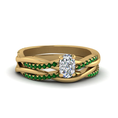 cushion-cut-Infinity-twist-diamond-matching-bridal-set-with-emerald-in-14K-yellow-gold-FD8253CUGEMGR-NL-YG