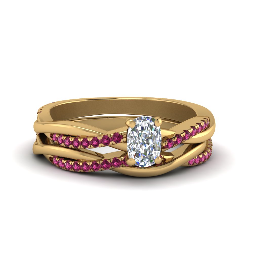 cushion-cut-Infinity-twist-diamond-matching-bridal-set-with-pink-sapphire-in-14K-yellow-gold-FD8253CUGSADRPI-NL-YG