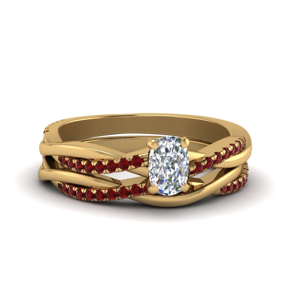 cushion-cut-Infinity-twist-diamond-matching-bridal-set-with-ruby-in-14K-yellow-gold-FD8253CUGRUDR-NL-YG