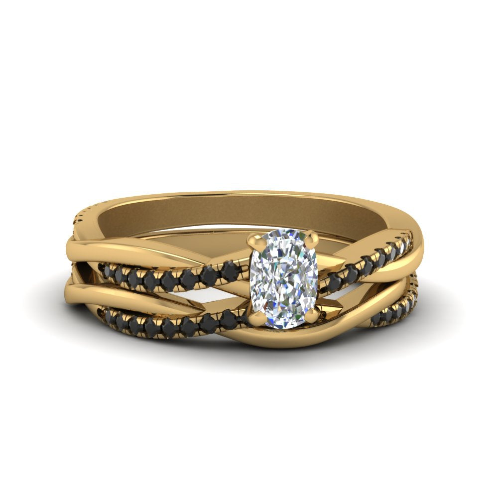 cushion-cut-Infinity-twist-matching-bridal-set-with-black-diamond-in-14K-yellow-gold-FD8253CUGBLACK-NL-YG