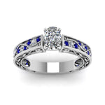 Load image into Gallery viewer, cushion-cut-antique-filigree-diamond-ring-with-blue-sapphire-in-14K-white-gold-FDENS3543CURGSABLANGLE5-NL-WG_e2c3169b-d09a-4724-b018-03b6428f2e2b