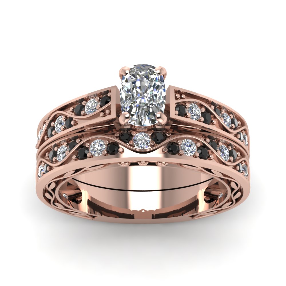 cushion-cut-antique-filigree-wedding-ring-set-with-black-diamond-in-rose-gold-FDENS3543CUGBLACKANGLE5-NL-RG