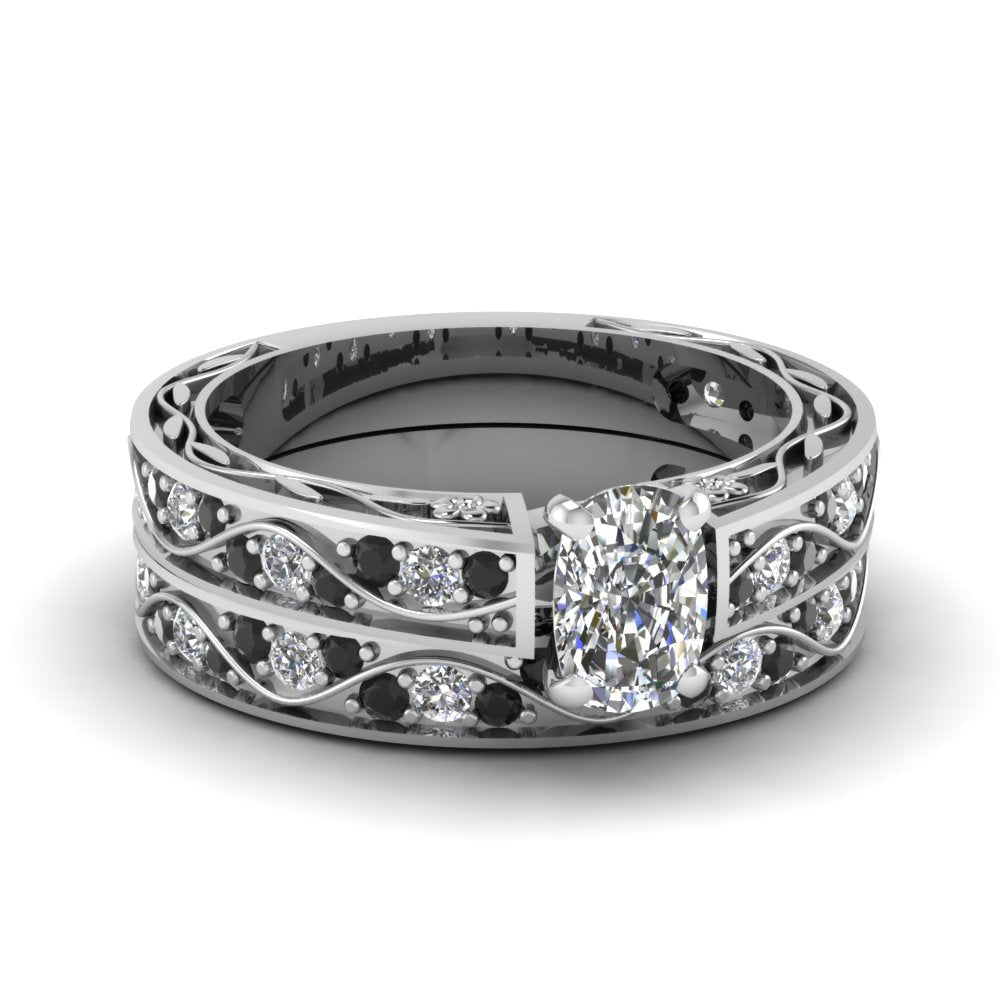 cushion-cut-antique-filigree-wedding-ring-set-with-black-diamond-in-white-gold-FDENS3543CUGBLACK-NL-WG