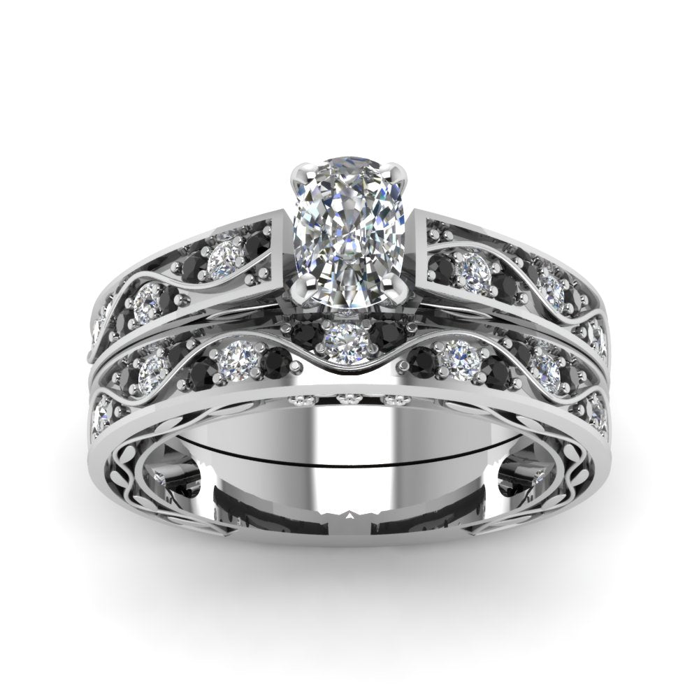 cushion-cut-antique-filigree-wedding-ring-set-with-black-diamond-in-white-gold-FDENS3543CUGBLACKANGLE5-NL-WG