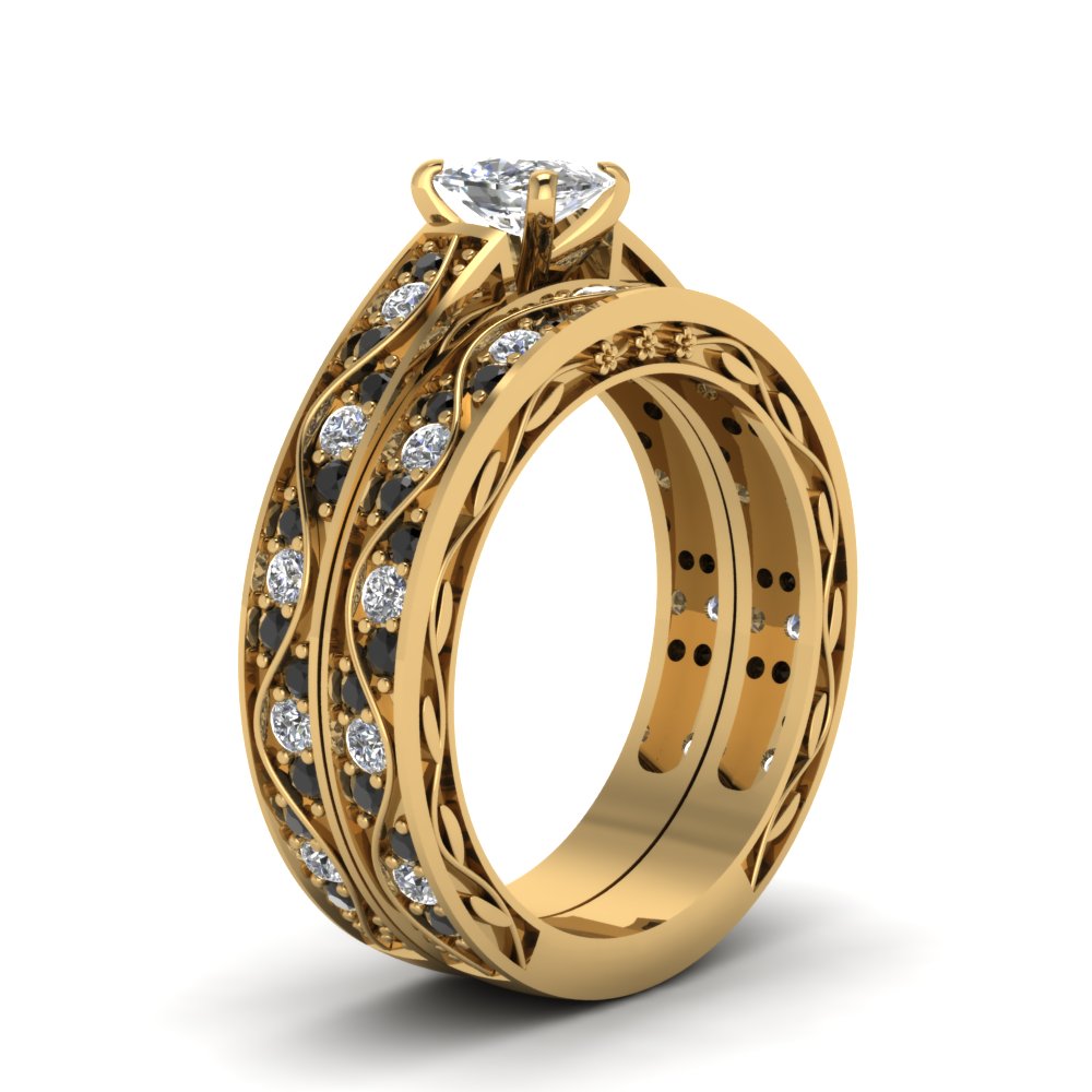 cushion-cut-antique-filigree-wedding-ring-set-with-black-diamond-in-yellow-gold-FDENS3543CUGBLACKANGLE2-NL-YG