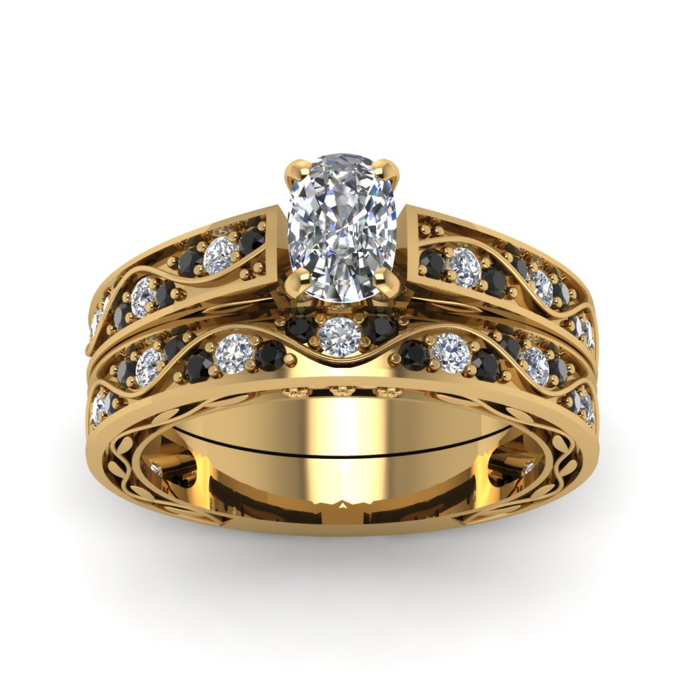 cushion-cut-antique-filigree-wedding-ring-set-with-black-diamond-in-yellow-gold-FDENS3543CUGBLACKANGLE5-NL-YG