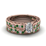 Load image into Gallery viewer, cushion-cut-antique-filigree-wedding-ring-set-with-emerald-in-rose-gold-FDENS3543CUGEMGR-NL-RG
