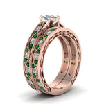 Load image into Gallery viewer, cushion-cut-antique-filigree-wedding-ring-set-with-emerald-in-rose-gold-FDENS3543CUGEMGRANGLE2-NL-RG