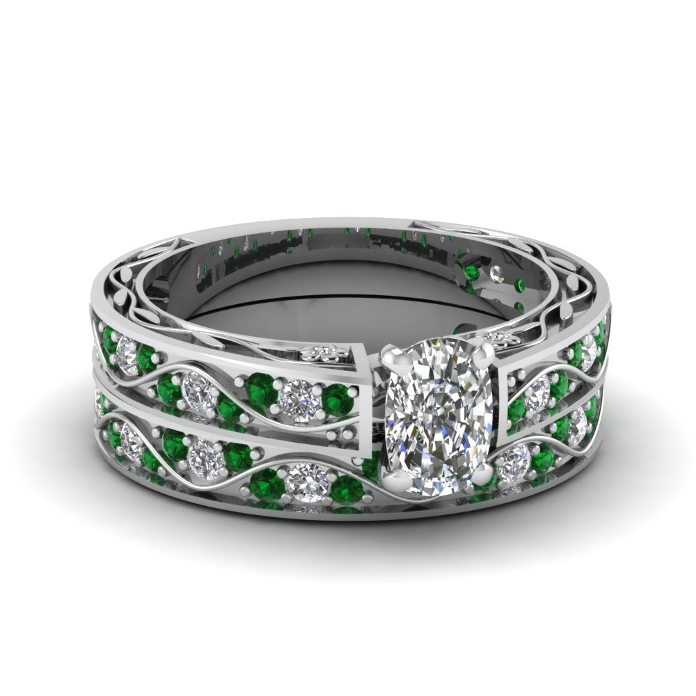 cushion-cut-antique-filigree-wedding-ring-set-with-emerald-in-white-gold-FDENS3543CUGEMGR-NL-WG