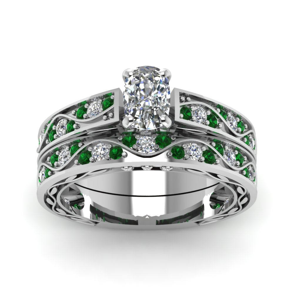 cushion-cut-antique-filigree-wedding-ring-set-with-emerald-in-white-gold-FDENS3543CUGEMGRANGLE5-NL-WG