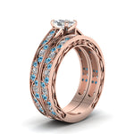 Load image into Gallery viewer, cushion-cut-antique-filigree-wedding-ring-set-with-ice-blue-topaz-in-rose-gold-FDENS3543CUGICBLTOANGLE2-NL-RG
