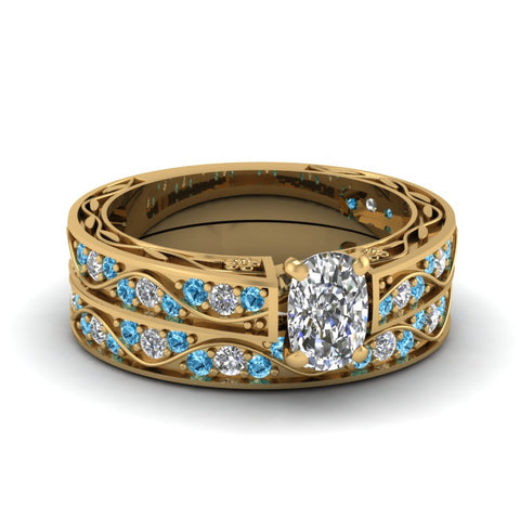 cushion-cut-antique-filigree-wedding-ring-set-with-ice-blue-topaz-in-yellow-gold-FDENS3543CUGICBLTO-NL-YG