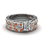 Load image into Gallery viewer, cushion-cut-antique-filigree-wedding-ring-set-with-orange-sapphire-in-white-gold-FDENS3543CUGSAOR-NL-WG