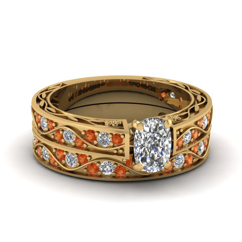 cushion-cut-antique-filigree-wedding-ring-set-with-orange-sapphire-in-yellow-gold-FDENS3543CUGSAOR-NL-YG
