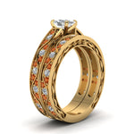 Load image into Gallery viewer, cushion-cut-antique-filigree-wedding-ring-set-with-orange-sapphire-in-yellow-gold-FDENS3543CUGSAORANGLE2-NL-YG
