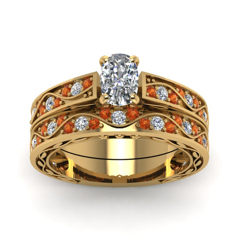 cushion-cut-antique-filigree-wedding-ring-set-with-orange-sapphire-in-yellow-gold-FDENS3543CUGSAORANGLE5-NL-YG