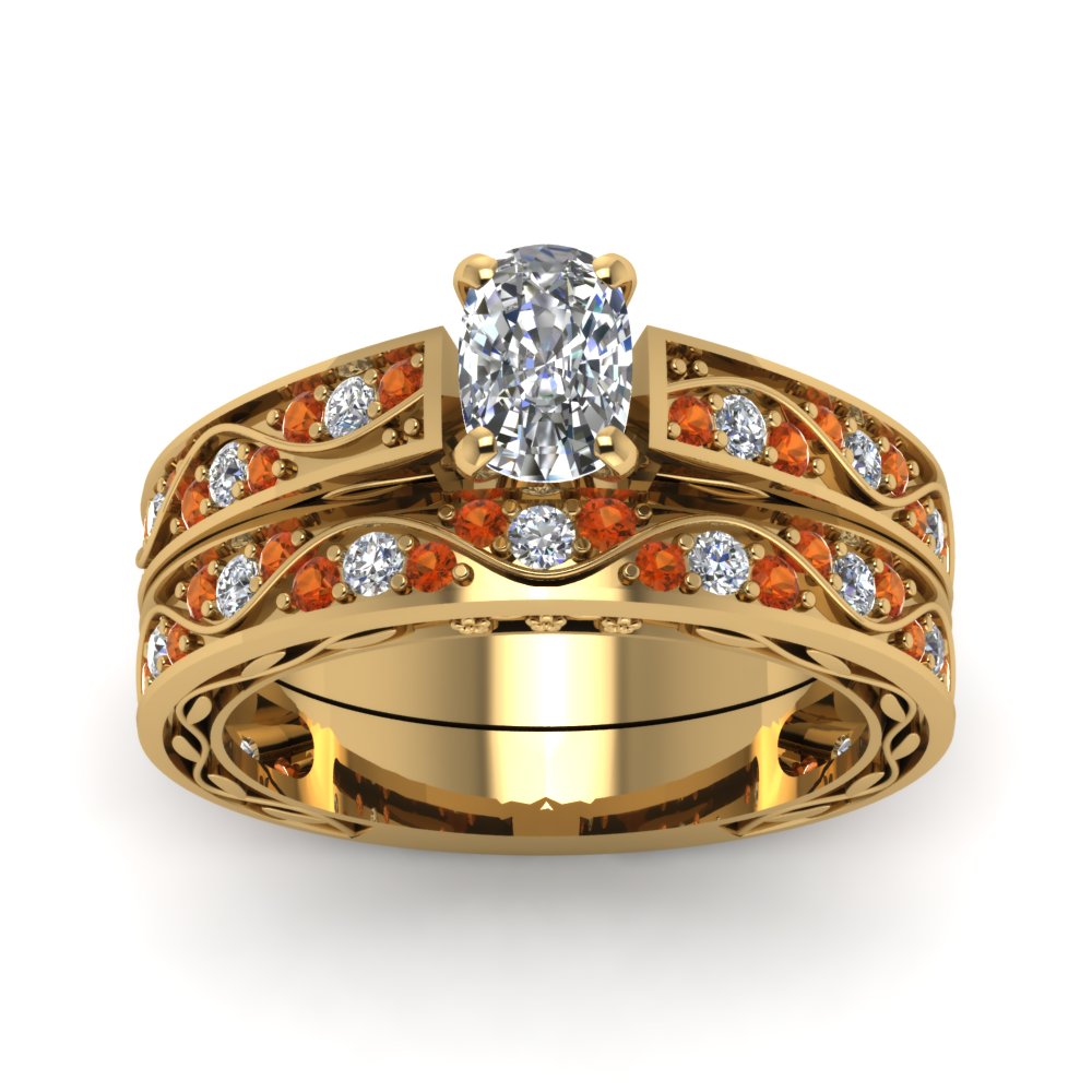 cushion-cut-antique-filigree-wedding-ring-set-with-orange-sapphire-in-yellow-gold-FDENS3543CUGSAORANGLE5-NL-YG