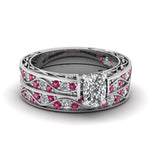 Load image into Gallery viewer, cushion-cut-antique-filigree-wedding-ring-set-with-pink-sapphire-in-white-gold-FDENS3543CUGSADRPI-NL-WG