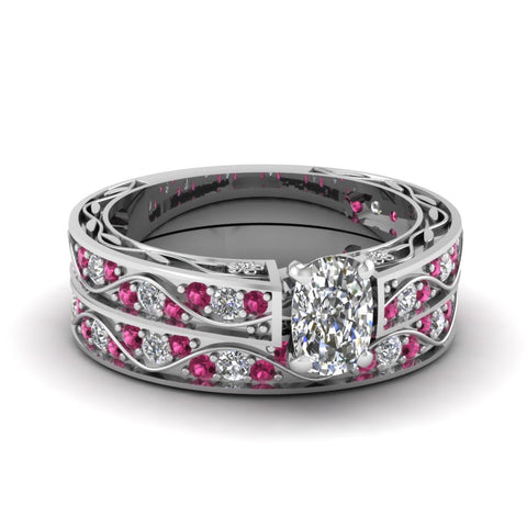 cushion-cut-antique-filigree-wedding-ring-set-with-pink-sapphire-in-white-gold-FDENS3543CUGSADRPI-NL-WG
