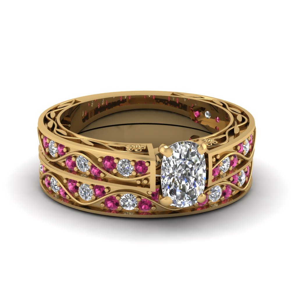 cushion-cut-antique-filigree-wedding-ring-set-with-pink-sapphire-in-yellow-gold-FDENS3543CUGSADRPI-NL-YG