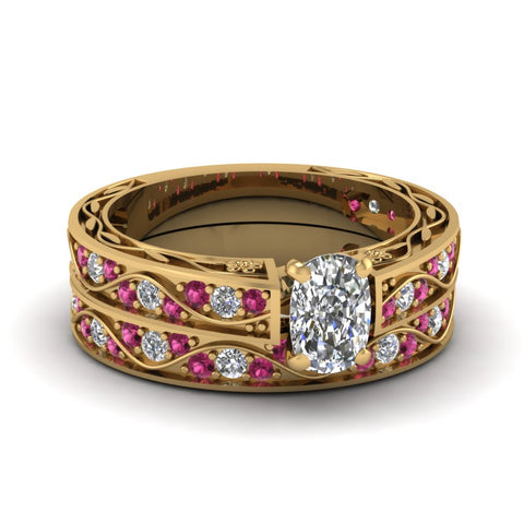 cushion-cut-antique-filigree-wedding-ring-set-with-pink-sapphire-in-yellow-gold-FDENS3543CUGSADRPI-NL-YG