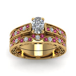 Load image into Gallery viewer, cushion-cut-antique-filigree-wedding-ring-set-with-pink-sapphire-in-yellow-gold-FDENS3543CUGSADRPIANGLE5-NL-YG