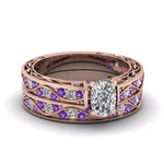 Load image into Gallery viewer, cushion-cut-antique-filigree-wedding-ring-set-with-purple-amethyst-in-rose-gold-FDENS3543CUGVITO-NL-RG