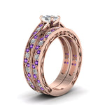 Load image into Gallery viewer, cushion-cut-antique-filigree-wedding-ring-set-with-purple-amethyst-in-rose-gold-FDENS3543CUGVITOANGLE2-NL-RG
