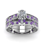 Load image into Gallery viewer, cushion-cut-antique-filigree-wedding-ring-set-with-purple-amethyst-in-white-gold-FDENS3543CUGVITOANGLE5-NL-WG
